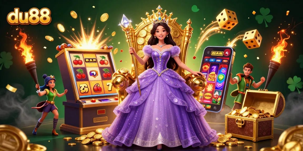 Experience the vibrant world of du88 with a stunning 3D casino illustration featuring games and golden elements.