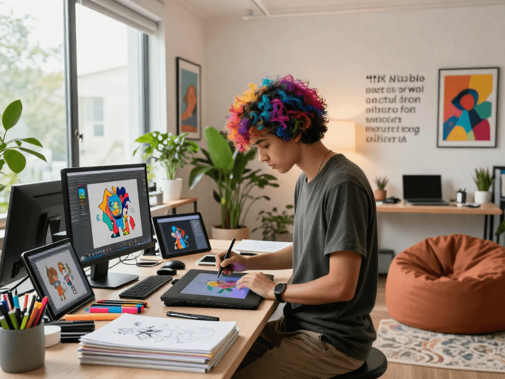 Artist creating vibrant character designs in a modern studio focusing on ia +18 creativity.