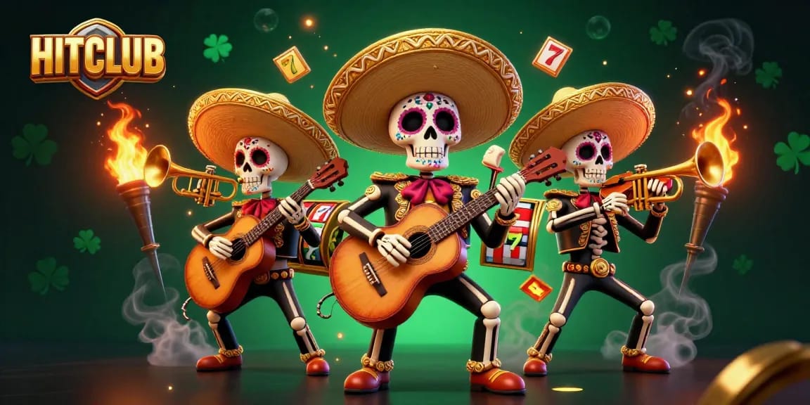 HITCLUB skeleton mariachi band celebrating with slot reels and jackpot symbols in a vibrant casino scene.