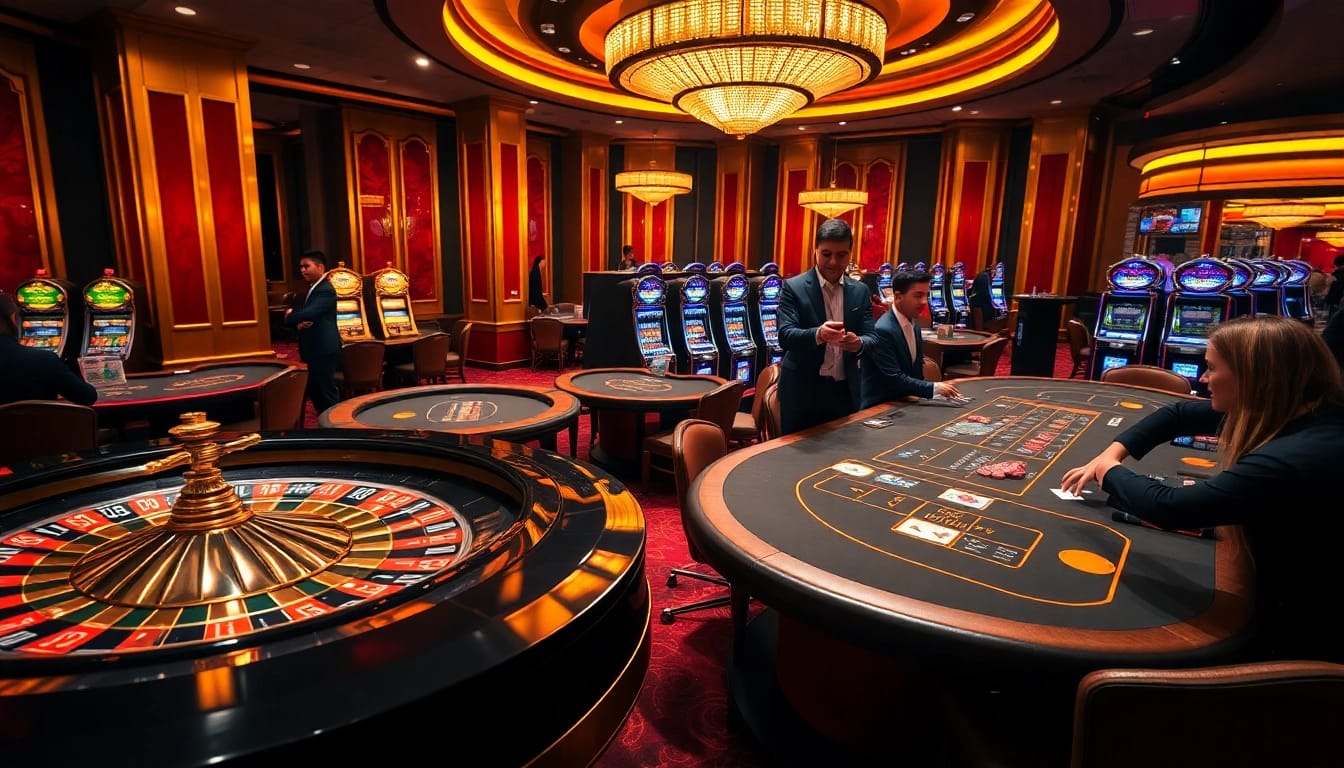 Experience thrilling gameplay at KK55 Casino with vibrant tables and engaging players in a luxury setting.