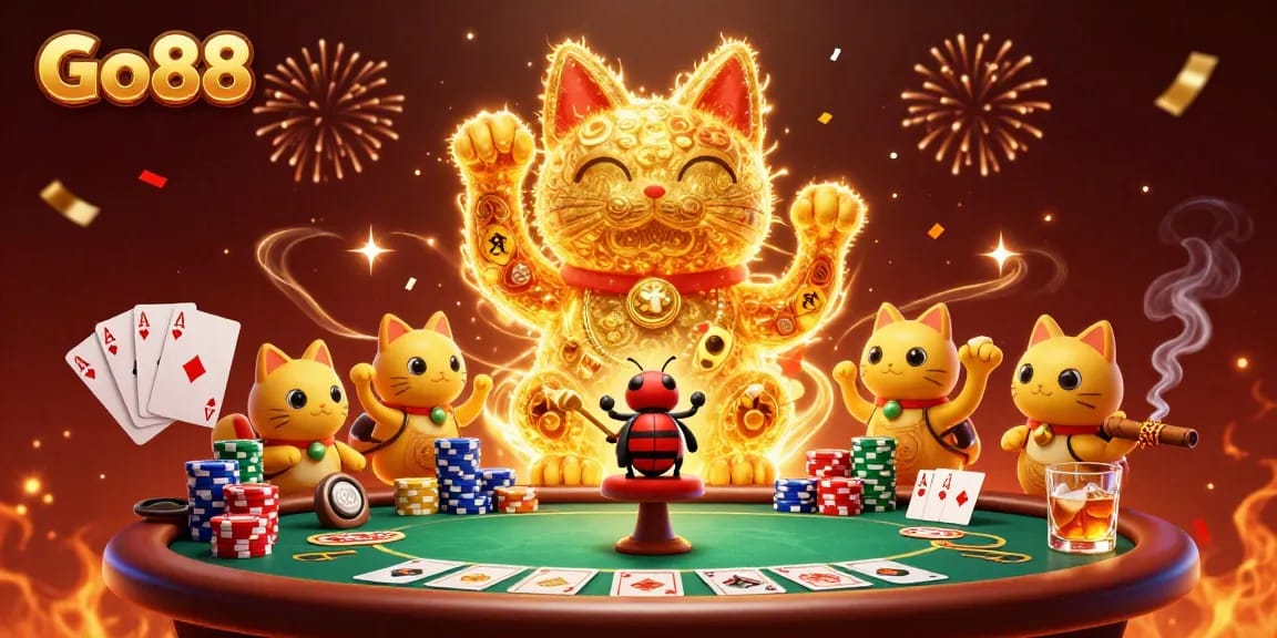 Play exciting games at Go88 with a vibrant scene showcasing a lucky cat and poker elements.