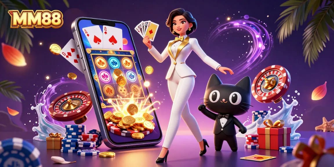 Engage with MM88's vibrant casino world featuring a dealer and playful cat among games and slots.