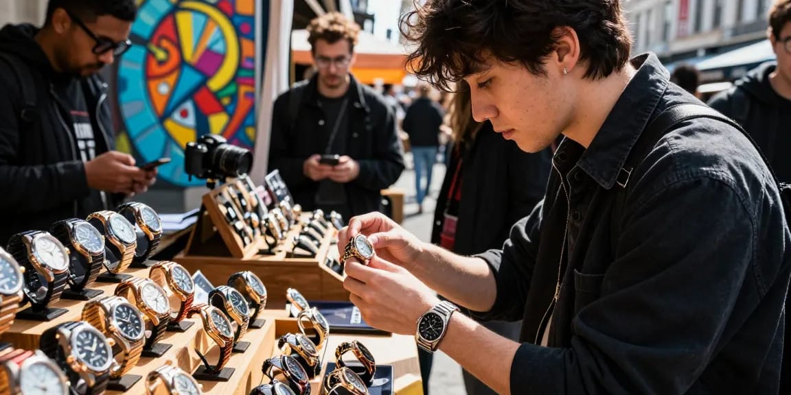Stylish individual showcasing replica watches in vibrant outdoor market.