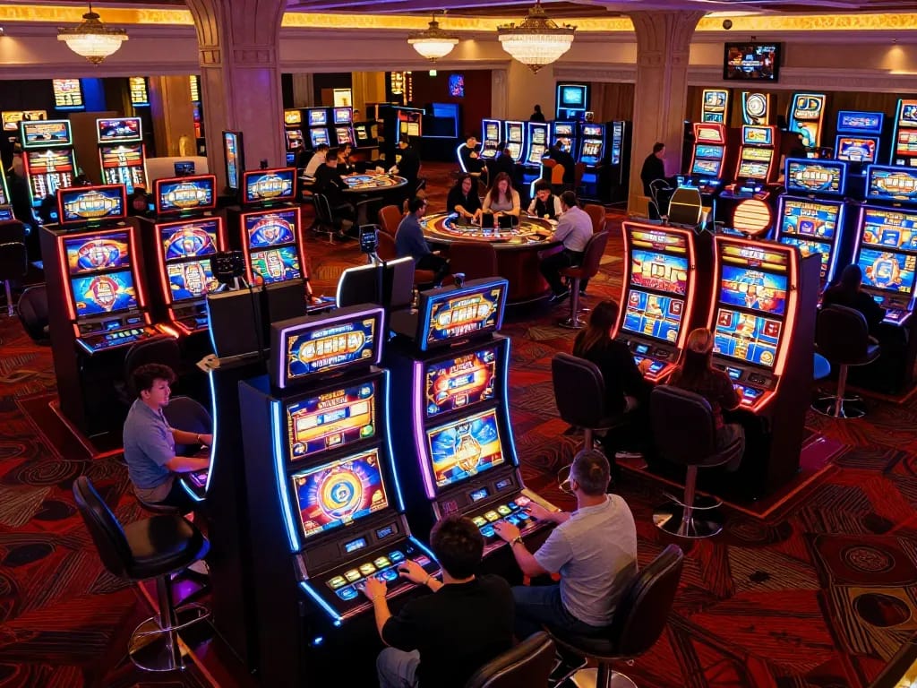 Players enjoying slot machines at the casino, highlighting soibetzz gaming excitement in a vibrant atmosphere.