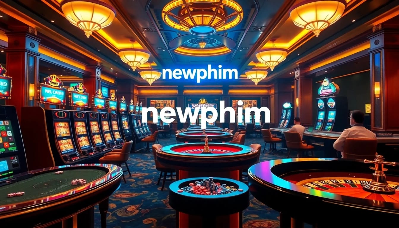 A dynamic casino scene showcasing newphim-themed gaming excitement with roulette wheels and slot machines.