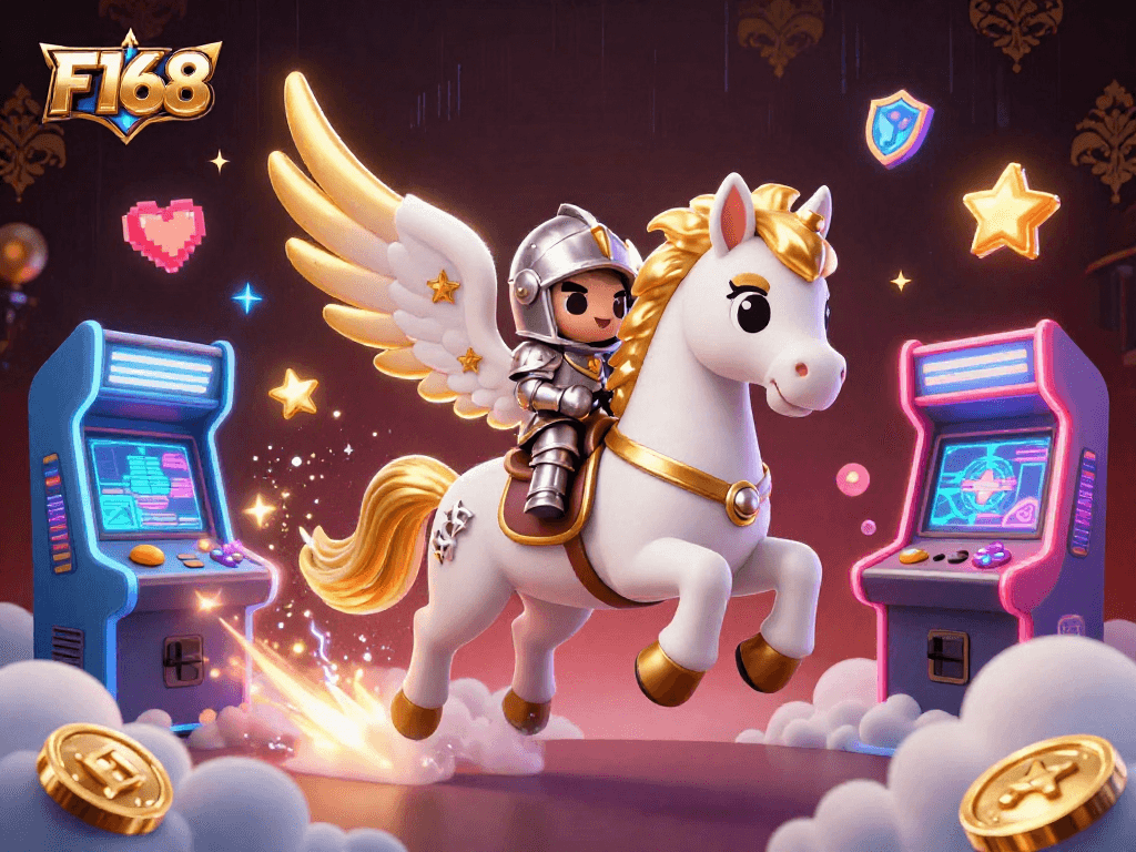 Experience exciting gameplay at F168 with an enchanting scene featuring a celestial horse and gaming elements.