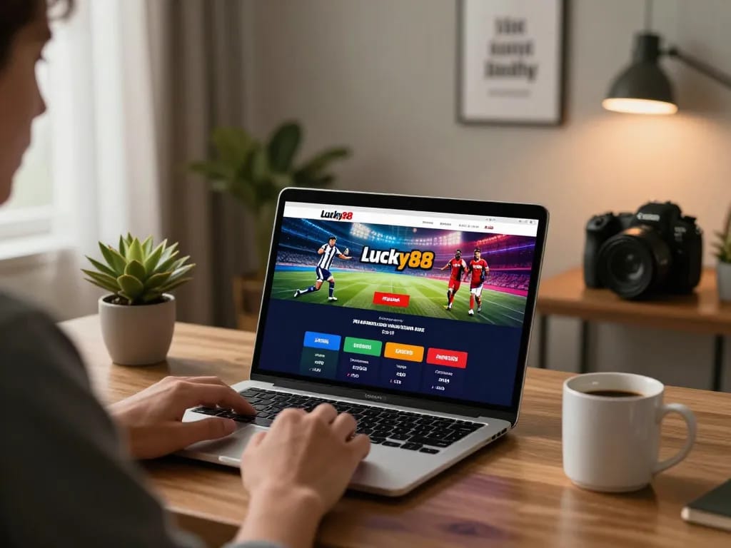 Link vào Lucky88 login scene with user on laptop in stylish workspace