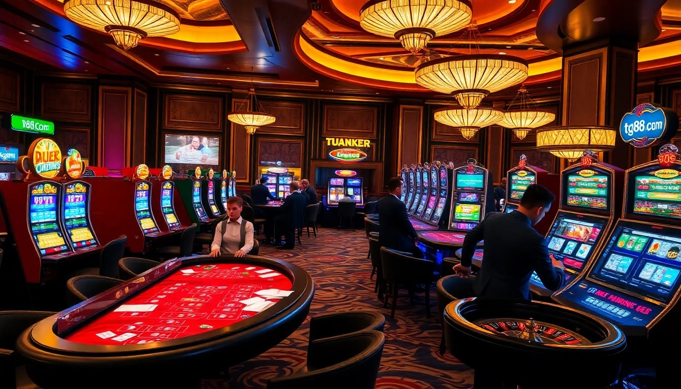 Gamblers playing at professional casino tables at tg88. com, showcasing excitement and high-stakes action.