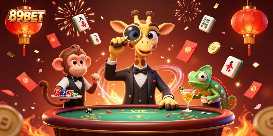 Experience thrilling gameplay at 89BET with a vibrant casino atmosphere featuring a giraffe and a monkey.