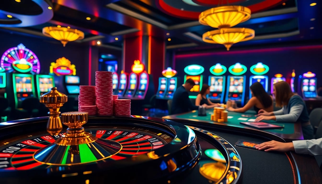 SCLUB88 casino scene showcasing poker players and roulette wheel in a vibrant atmosphere.