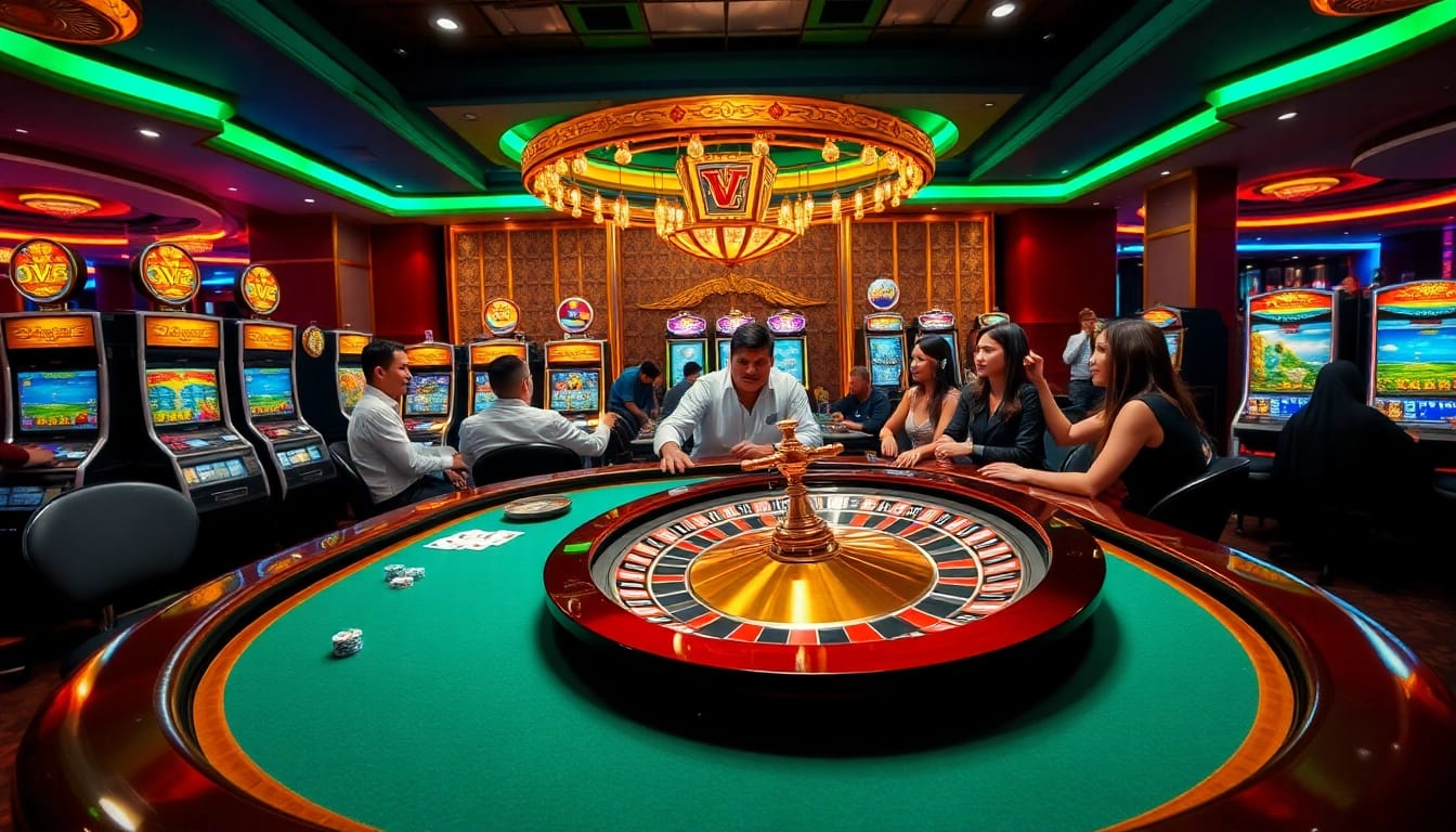Experience the exciting atmosphere of VU88 casino with vibrant players at a poker table.