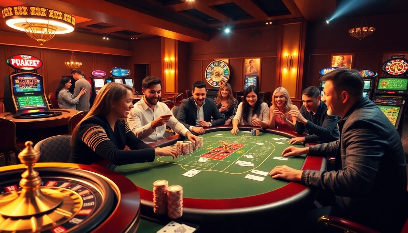 Players enjoying poker at https://hitclub7.org/ online casino table surrounded by vibrant gaming elements.