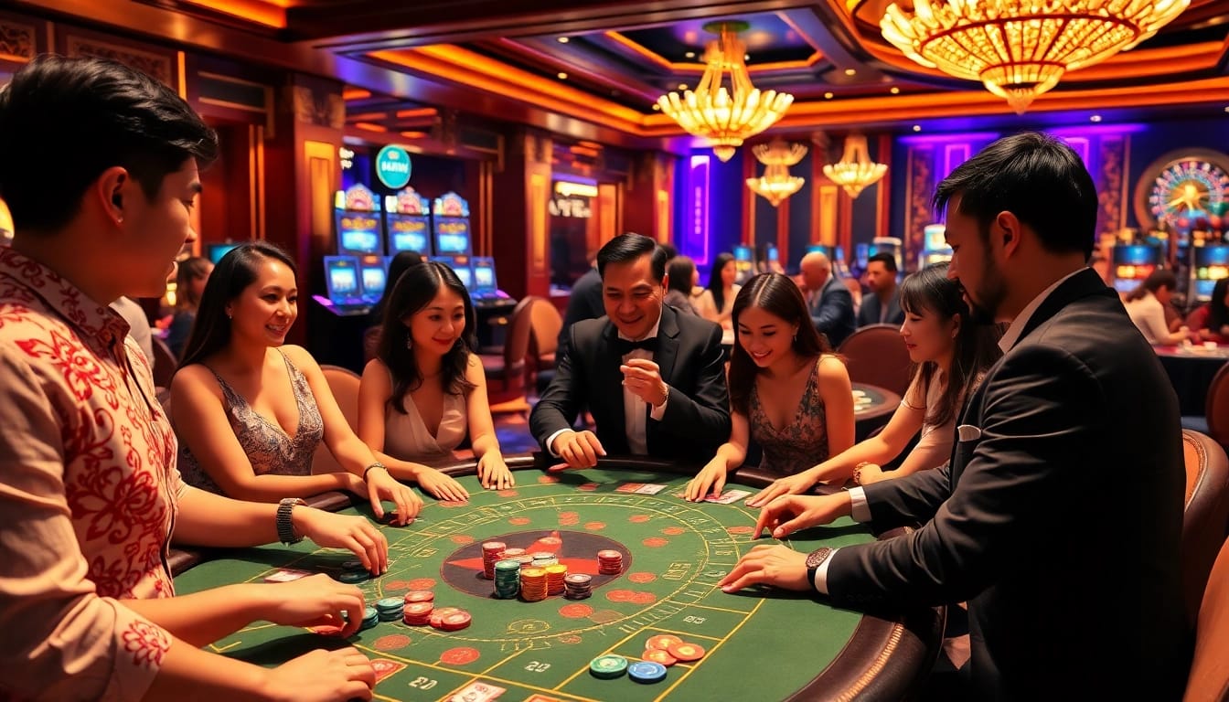 Players enjoying Tài Xỉu at a Haywin casino table, surrounded by vibrant slot machines.