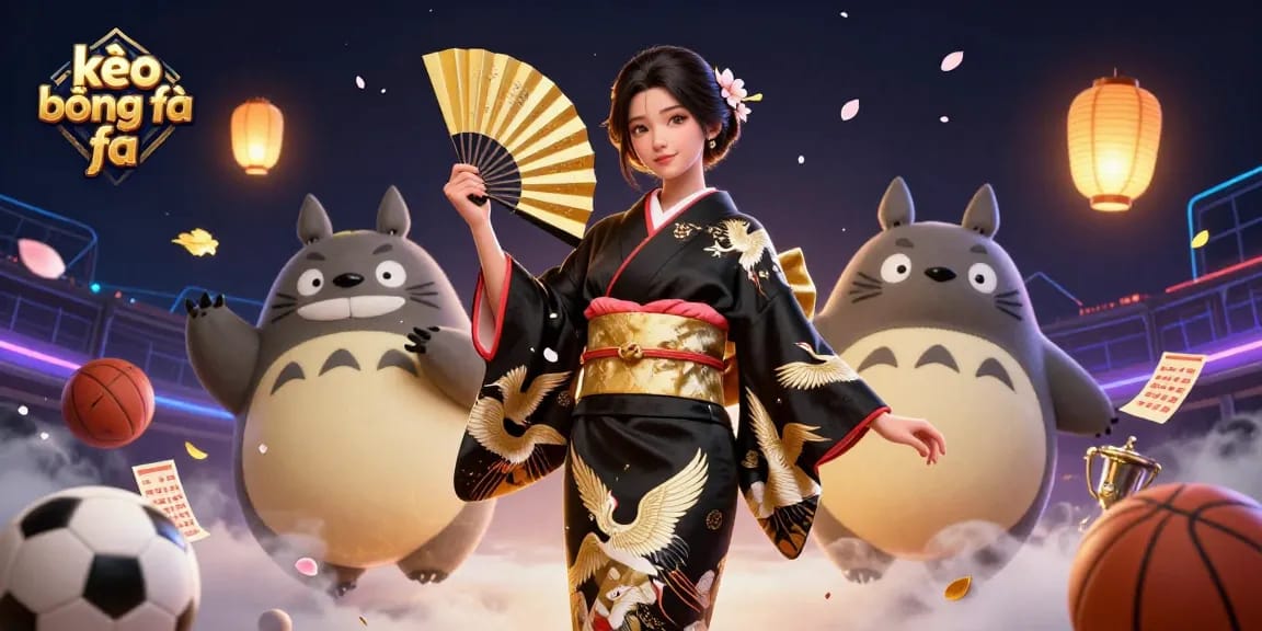 Engage with kèo bóng đá through a vibrant scene featuring an elegant Asian woman and a wise tanuki, surrounded by sports elements and festive decorations.