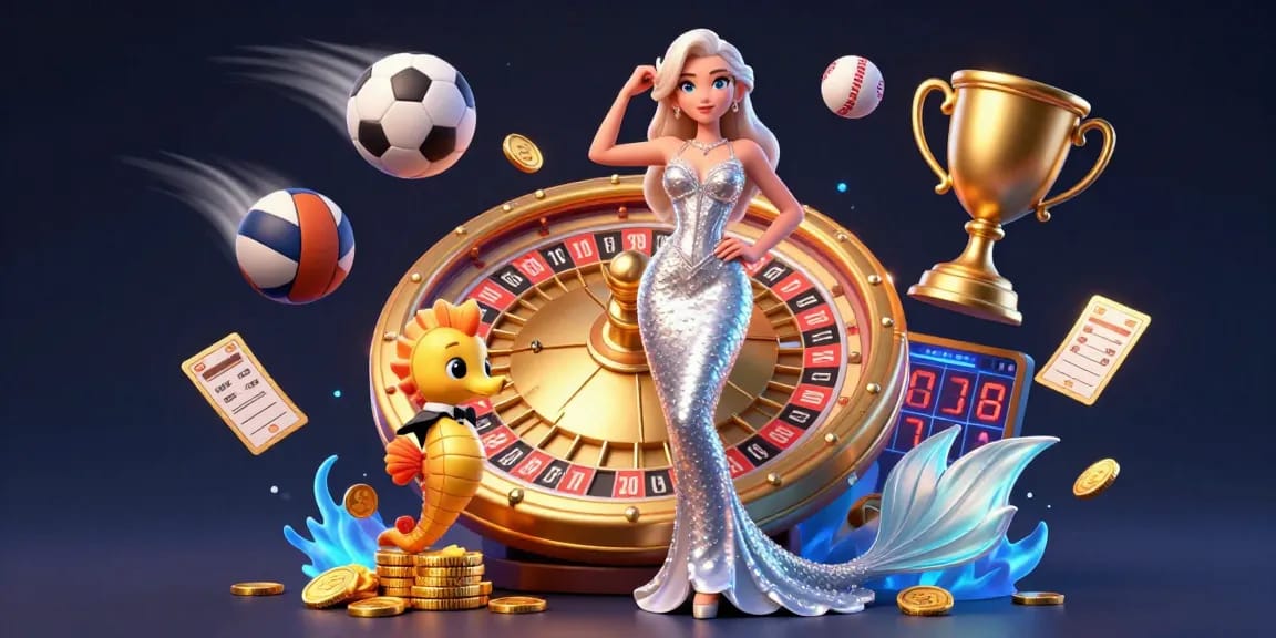 mm88 players winning at casino games, featuring a 3D woman with a roulette wheel and vibrant sports elements.