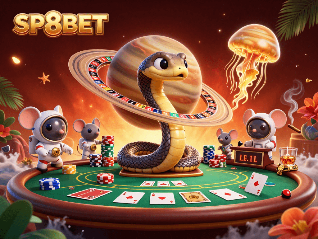 Experience thrilling gambling with SP8BET as astronaut mice play amidst Saturn's roulette rings.
