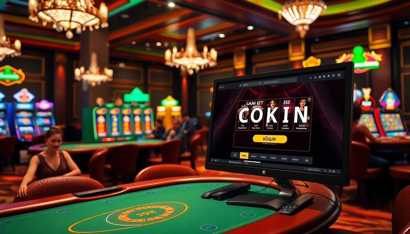 Engaging casino atmosphere with poker tables and লগইন screen, enhancing the gambling experience.