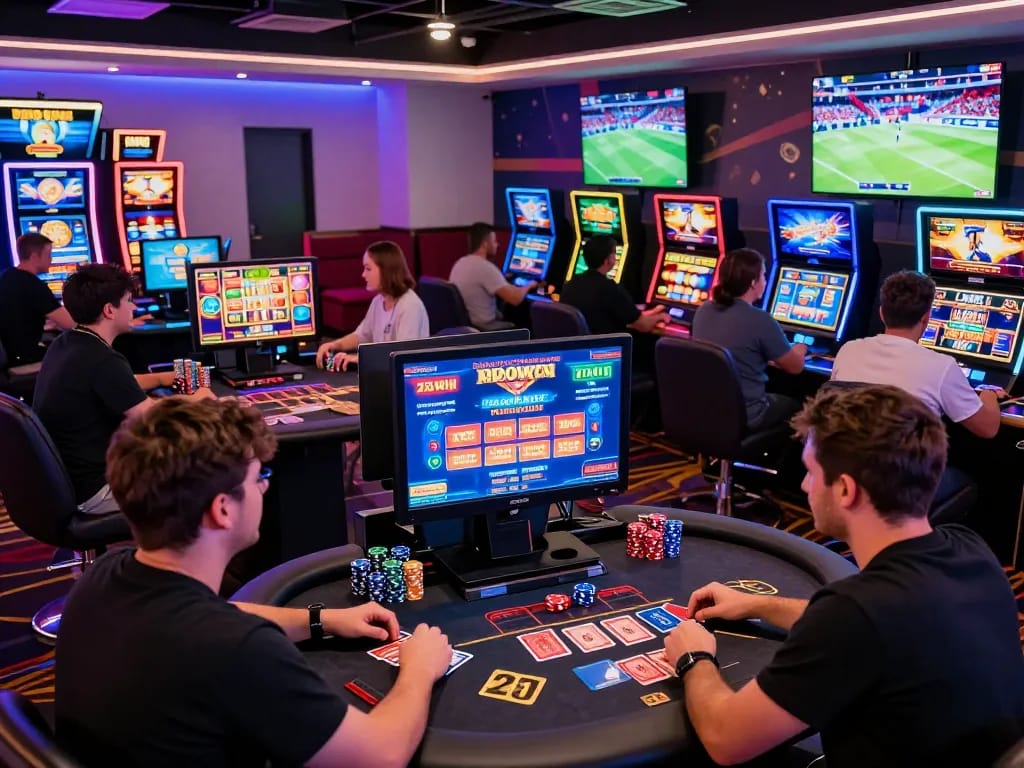 Dynamic gaming environment at 23win, showcasing players enjoying slots and live dealer games with vibrant lighting.