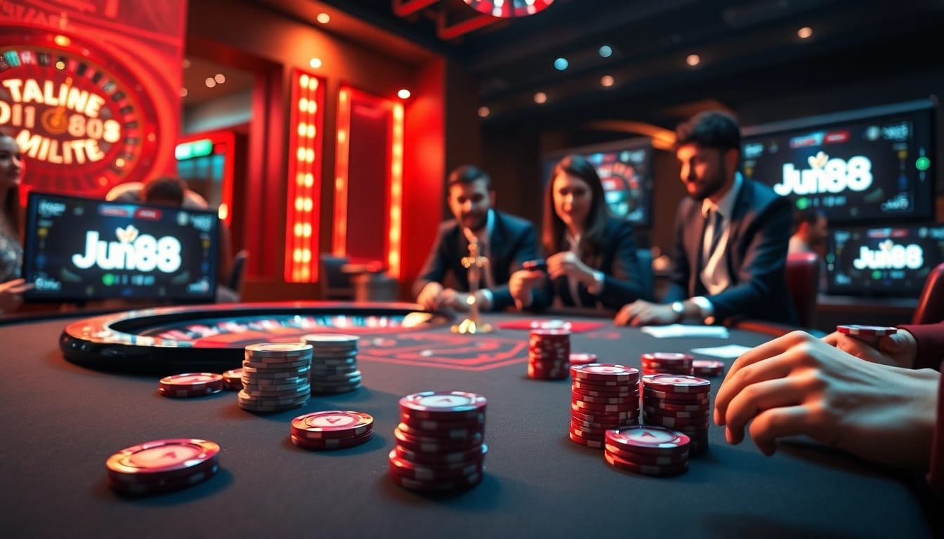 Players engage in an exciting game at a Jun88 casino table, showcasing poker chips and cards.