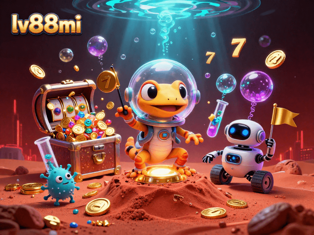 Experience excitement with lv88mi as a Martian gecko discovers a vibrant casino scene full of slot reels and treasures.