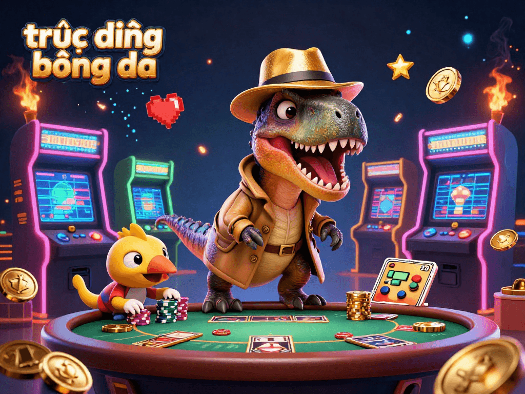 Engage with trực tiếp bóng đá by placing bets in a vibrant casino scene featuring cartoon dinosaurs.