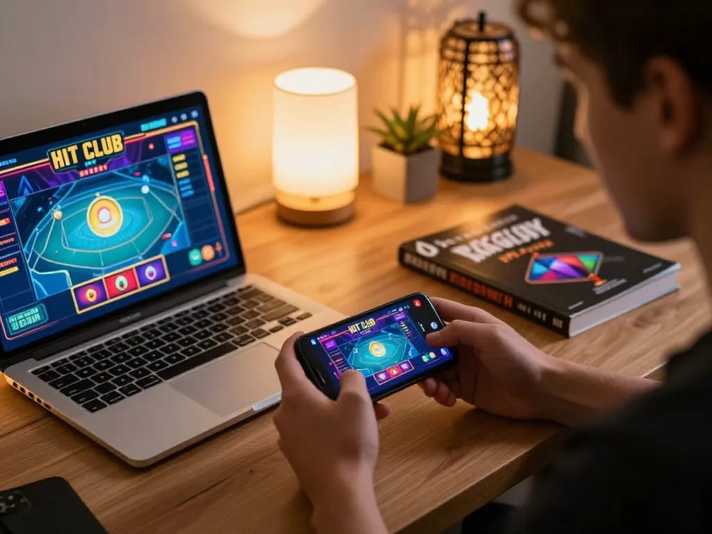 Playing the HIT CLUB casino app on a smartphone in a cozy home environment, engaging in online gaming.