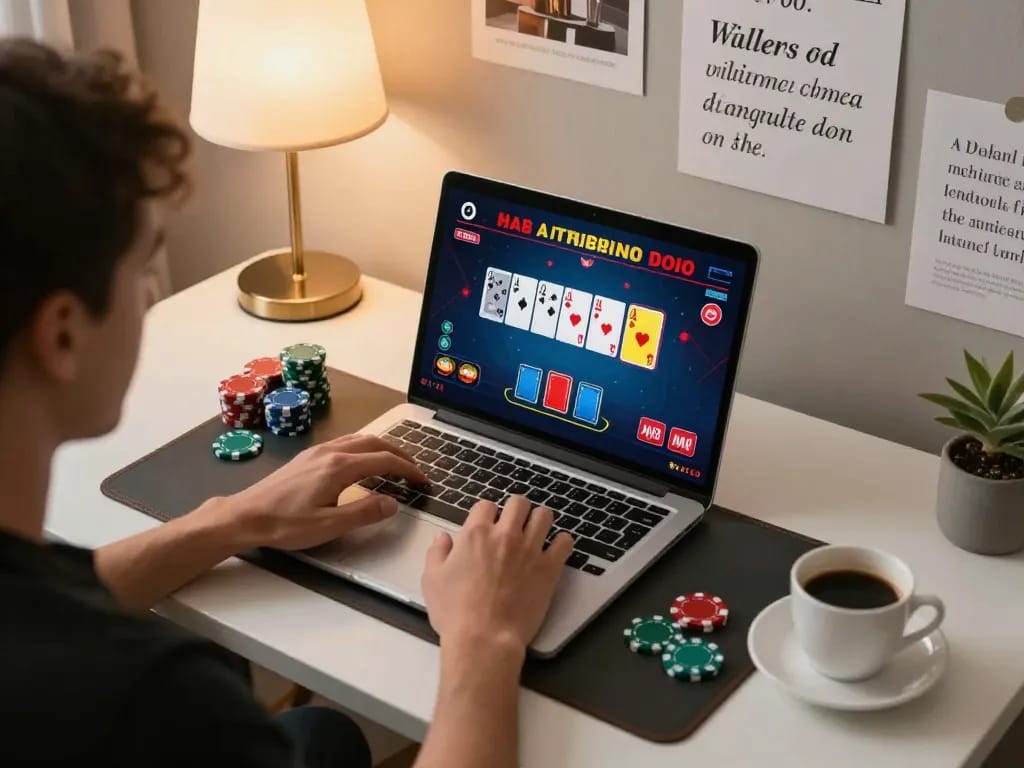 Player strategizing for online poker at home with 58wiin, focused on bankroll management.