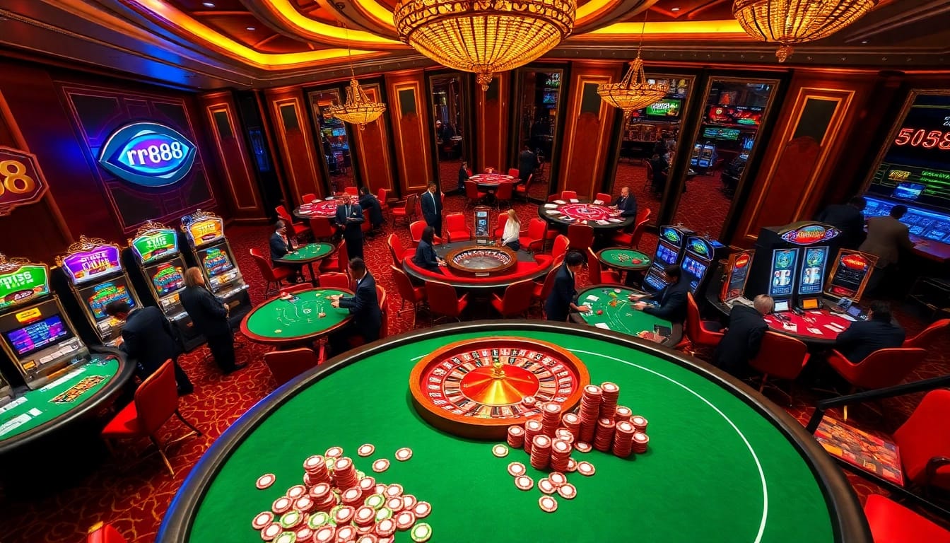 Players enjoying thrilling casino games at rr88, showcasing vibrant tables and slot machines.
