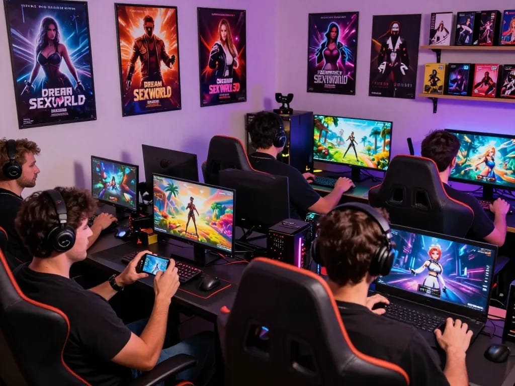 Engaged players enjoying interactive porn games on laptops and smartphones in a vibrant gaming environment.