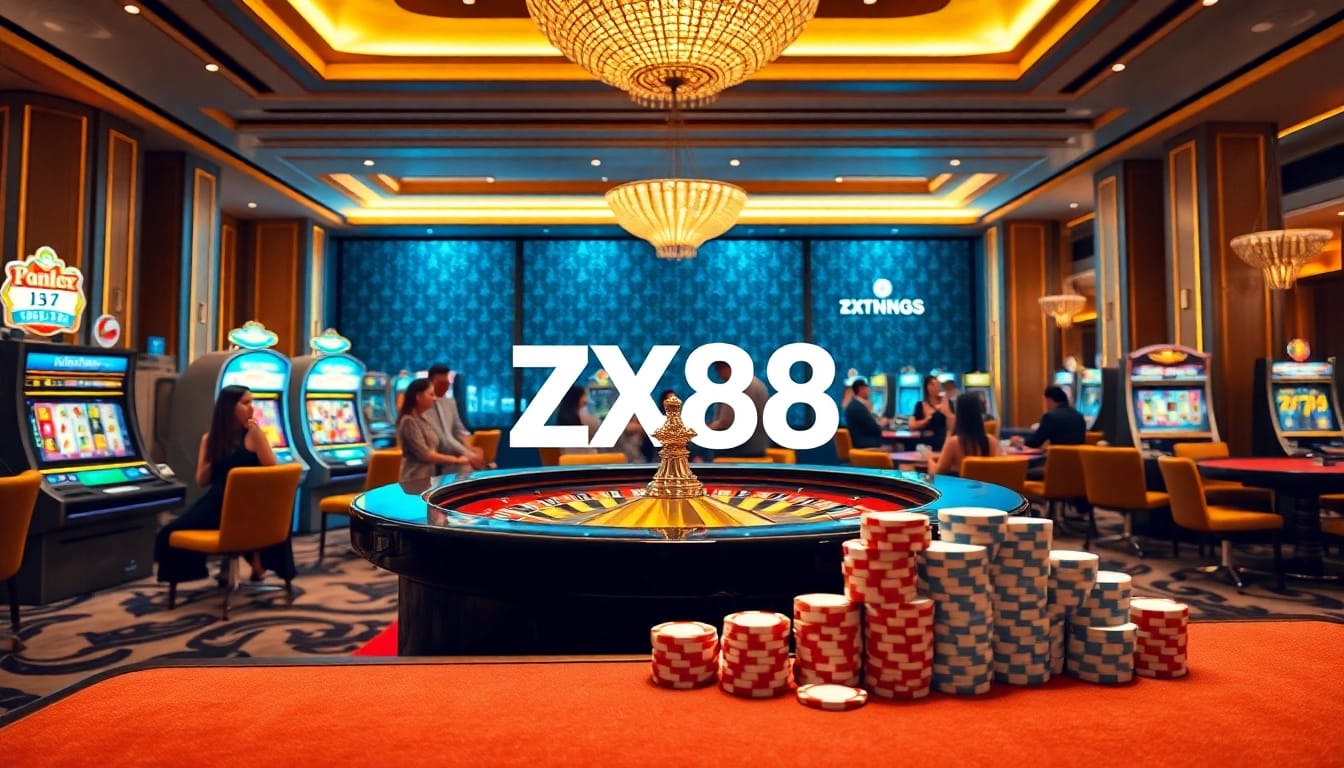 ZX88 players experiencing excitement at a luxurious casino table surrounded by vibrant slot machines.
