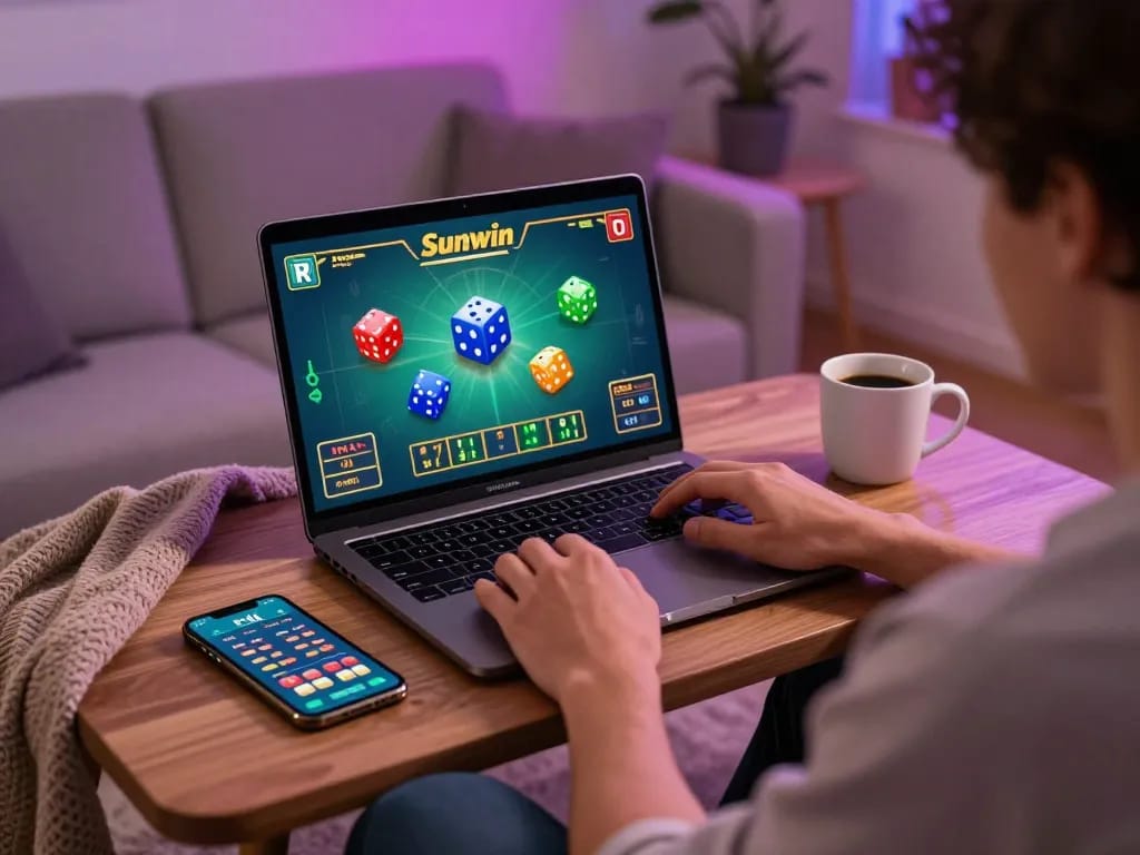 Tài Xỉu Sunwin gaming on a laptop in a cozy living room, featuring exciting gameplay and a relaxed atmosphere.