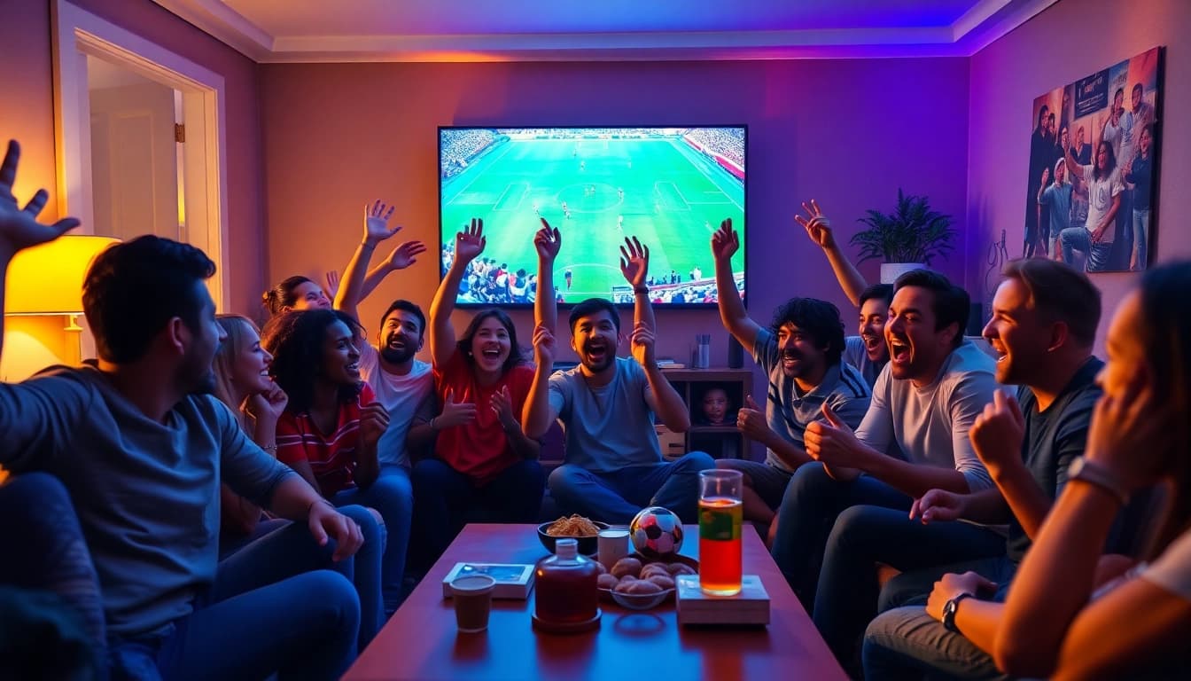 Socolive enhances the football viewing experience with excited fans in a vibrant living room.