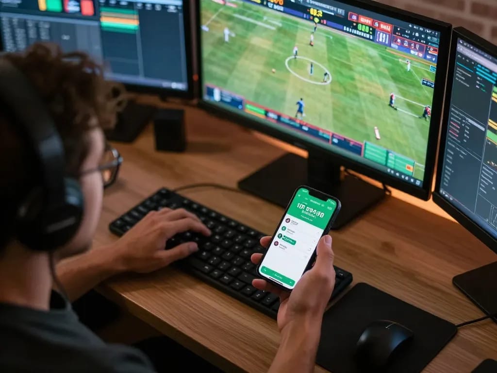 Person placing bets on the 99WIN sports betting app with live game stats visible