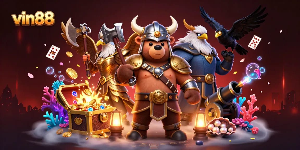 Experience thrilling gameplay with vin88 featuring a Viking bear and Valkyrie eagle amidst treasure and playing cards.