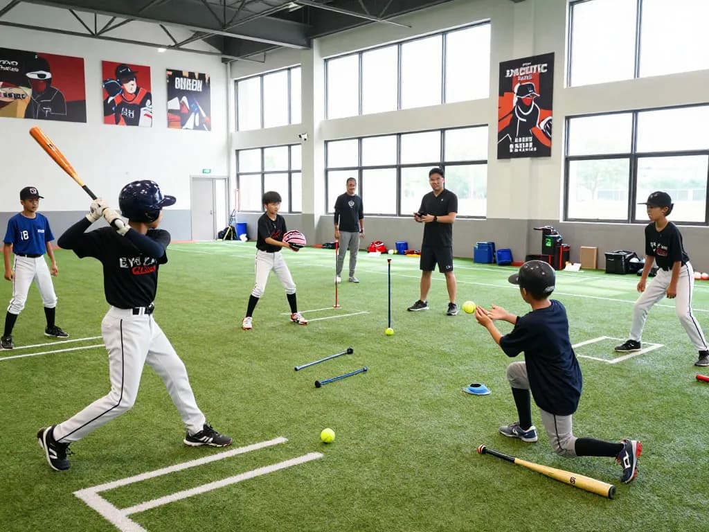 Youth baseball athletes practicing at hitclub training facility, showcasing commitment and energy.