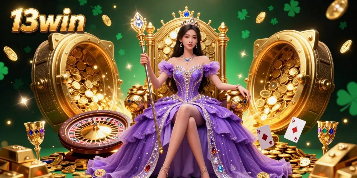 Engage with 13win's royal casino features featuring a stunning queen amidst treasures and luck.