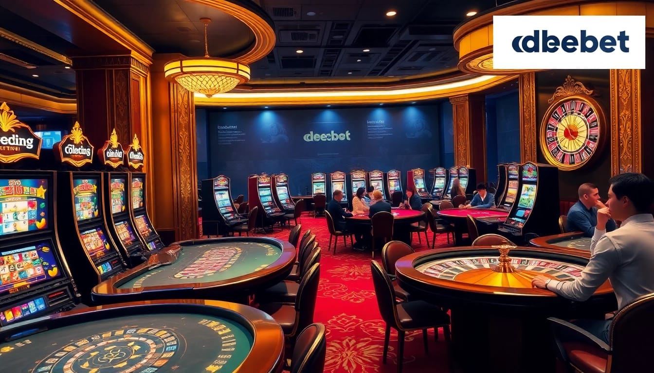 Engaged players enjoying an upscale casino experience at debet with vibrant slot machines and roulette tables.