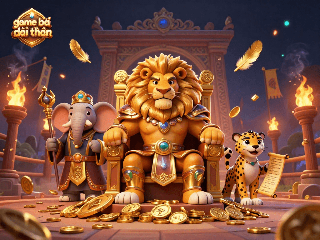 Experience game bài đổi thưởng with intricate 3D elements showcasing lion king, elephant advisor, and cheetah messenger.
