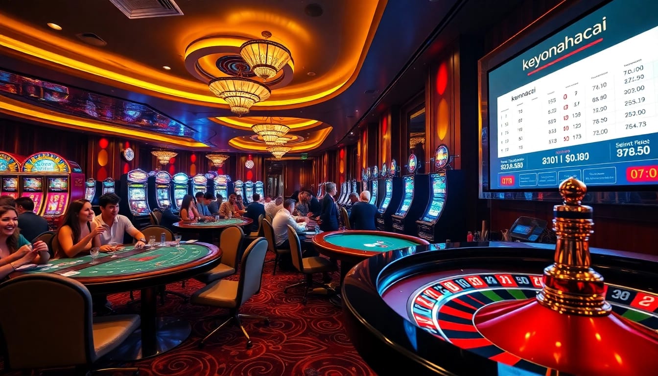 A scene of excitement in a casino with players engaging in keonhacai betting at poker tables, surrounded by glowing slot machines.