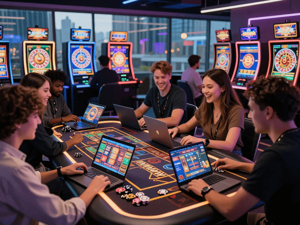 Excited players at a crypto casino, engaging with futuristic gaming screens and illuminated chips in a vibrant setting.