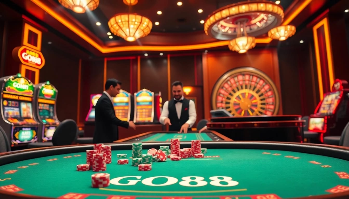 Engaging players at a luxurious GO88-themed casino table with vibrant poker chips and dice.