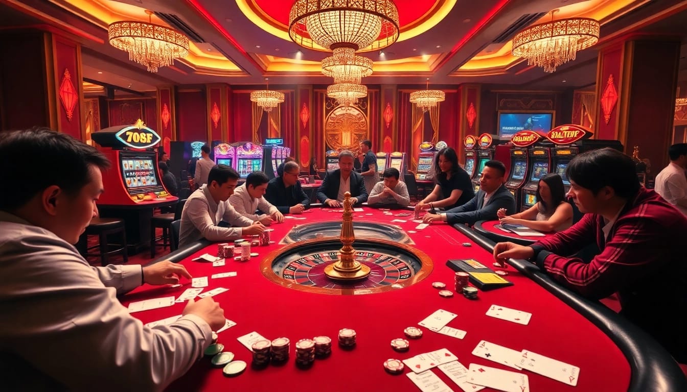Experience the excitement of 789F at a bustling casino table with players and vibrant gambling elements.