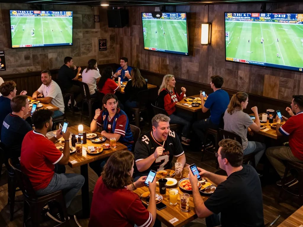 Footballl fans thrillingly place bets on live games in a dynamic sports bar setting