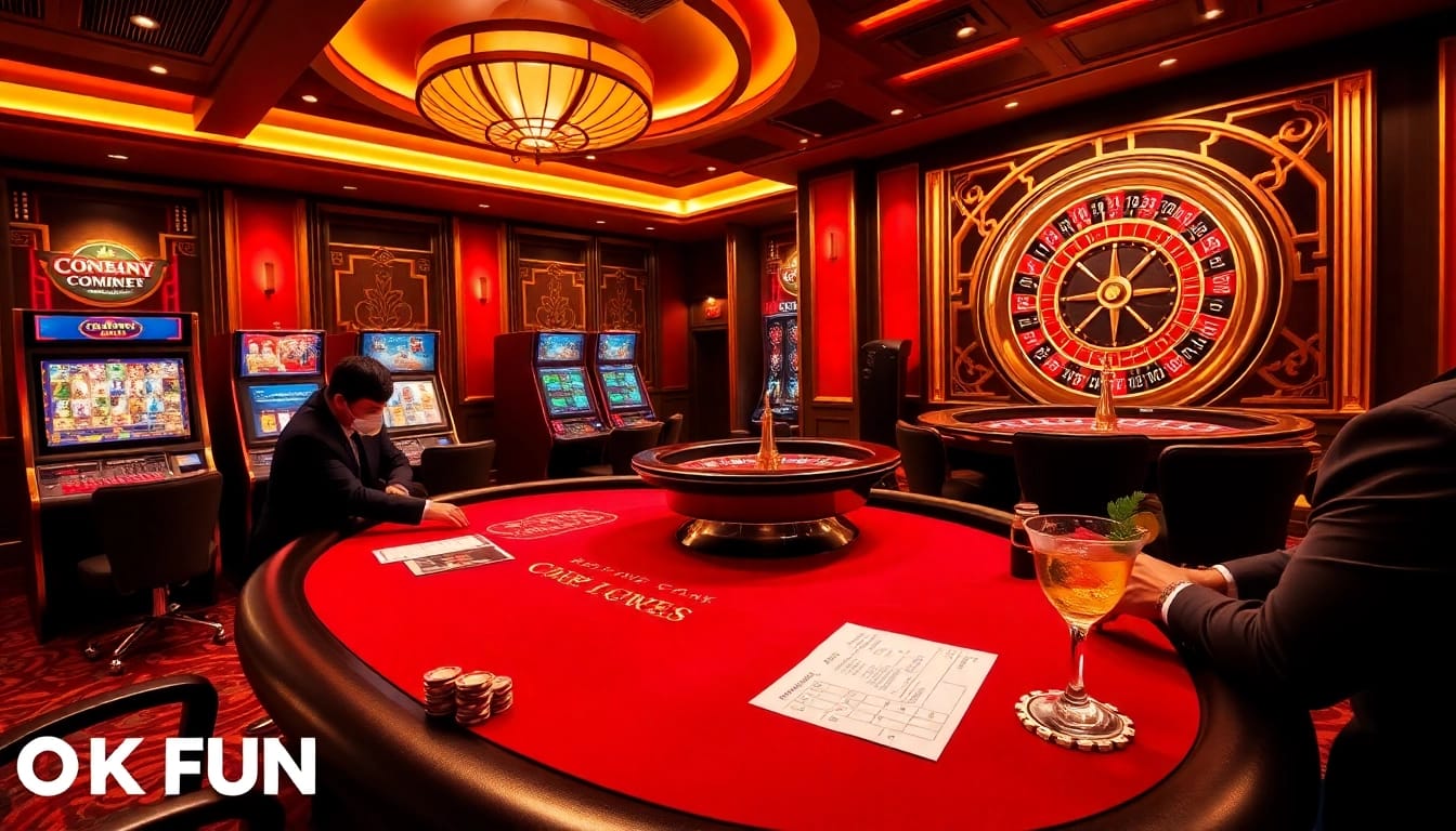 Players enjoying a thrilling poker game at OKFUN casino with vibrant slots in the background.
