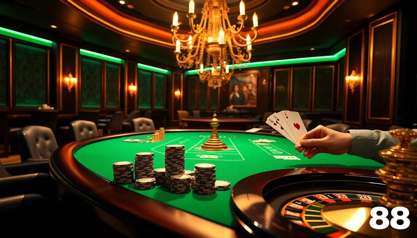 NK88 casino table showcasing vibrant chips and cards, offering thrilling gameplay experiences.