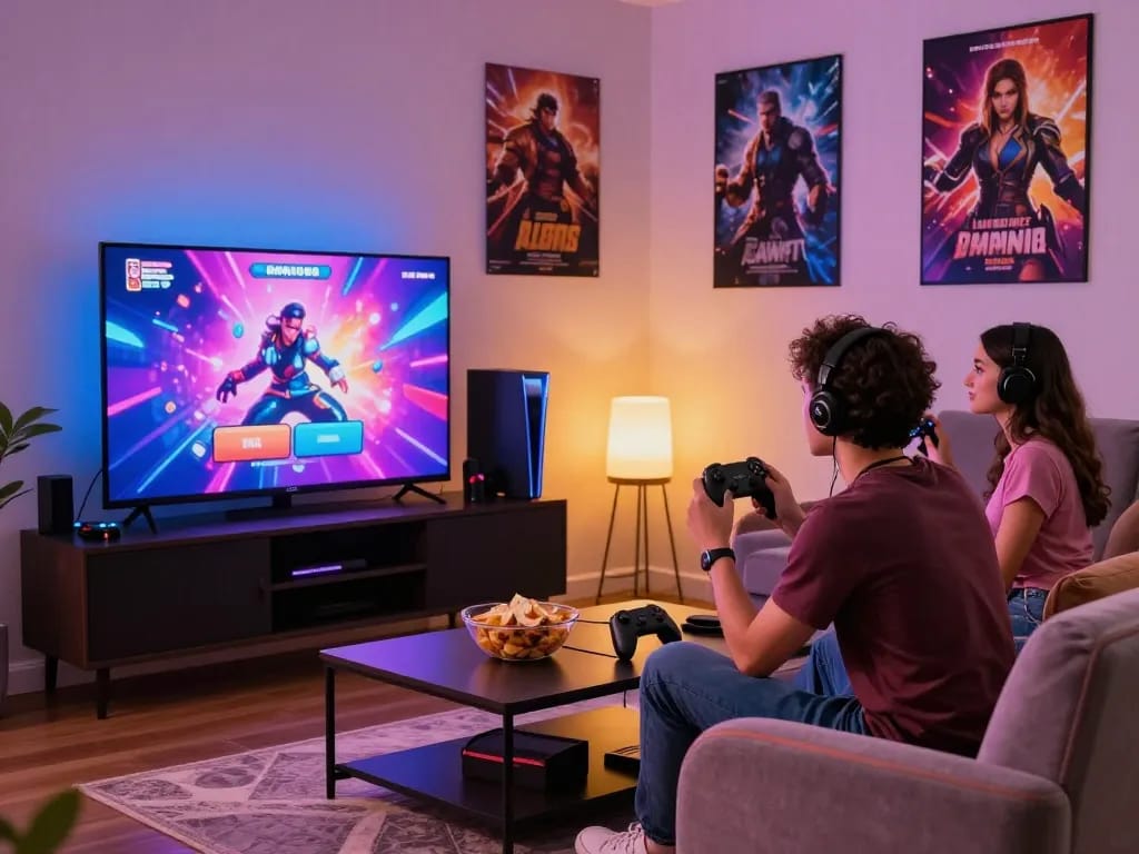 Two gamers enjoying interactive porn games in a cozy room with vibrant lighting and gaming accessories.