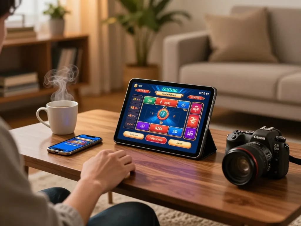Player enjoying a strategic online gaming session at KKBD using a tablet in a cozy home setting.