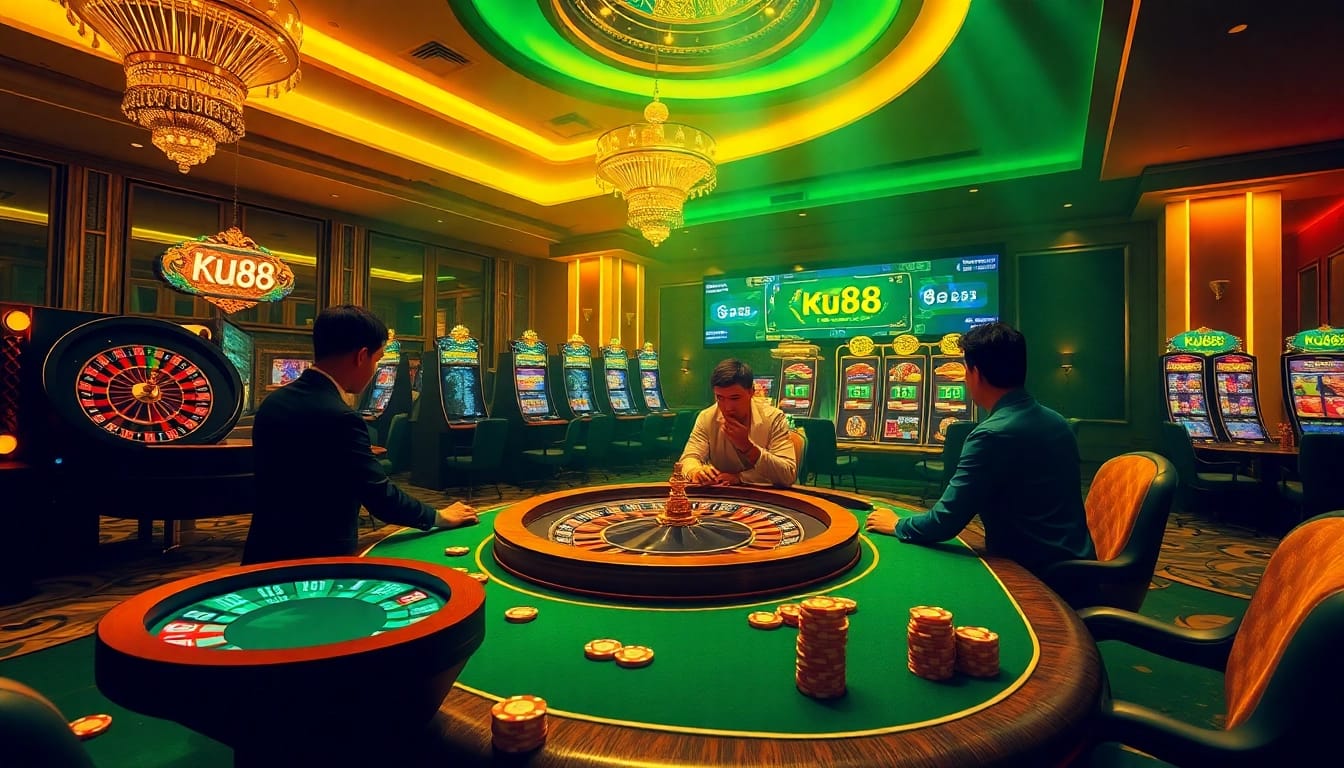 Experience thrilling gameplay at Ku88 with vibrant casino visuals showcasing roulette, poker chips, and digital slot machines.