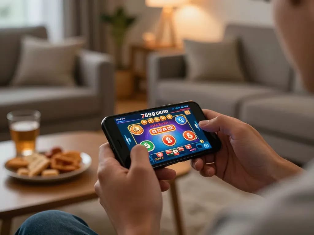 Player engaging with the 789club mobile casino app in a cozy living room setting.