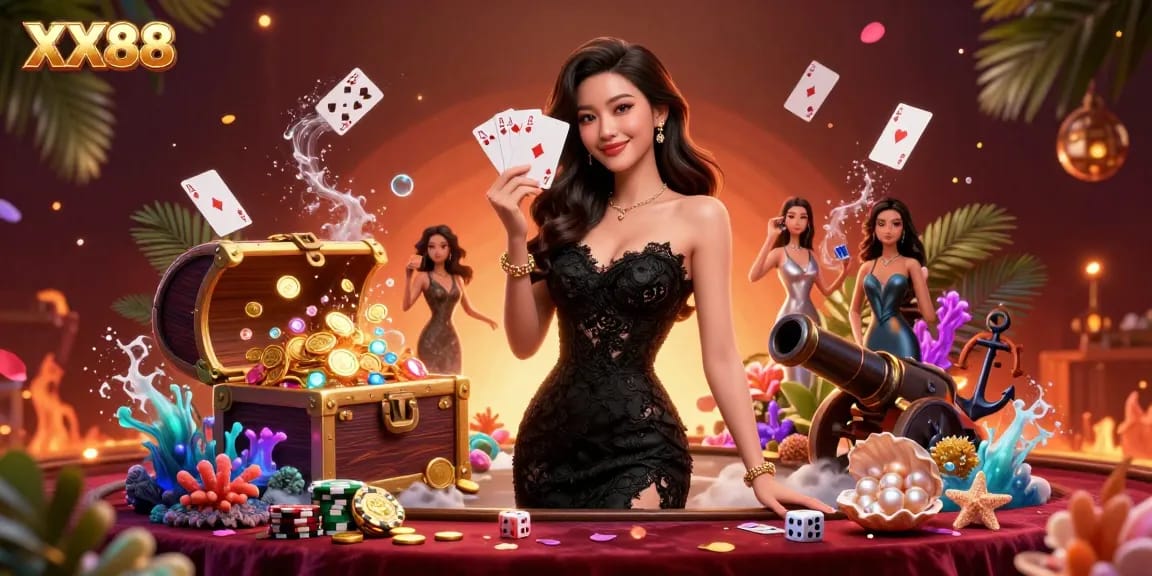 Experience the thrill of XX88 with a captivating casino scene showcasing elegance, excitement, and fortune.